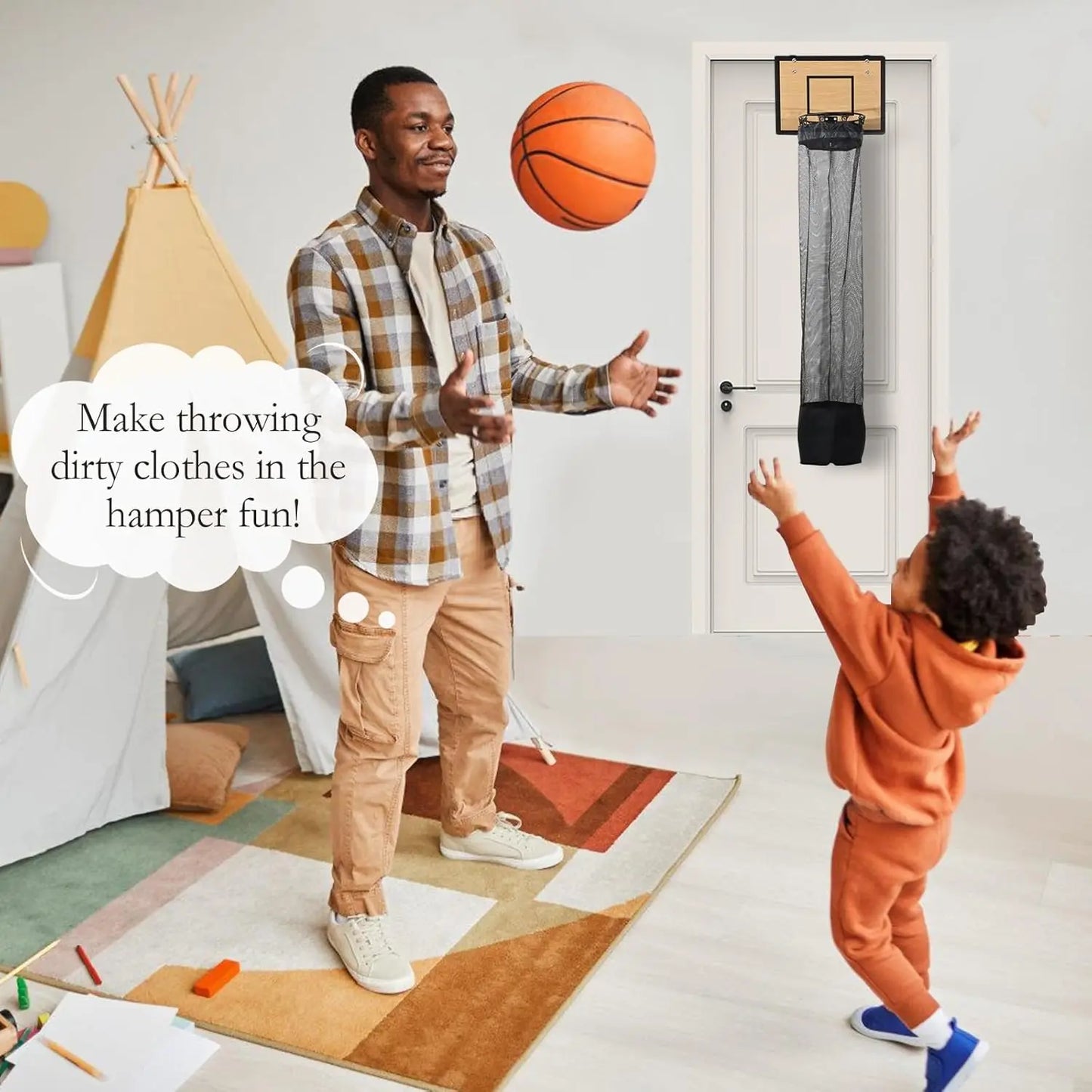 Door-Hanging Basketball Hoop Laundry Basket with Zipper